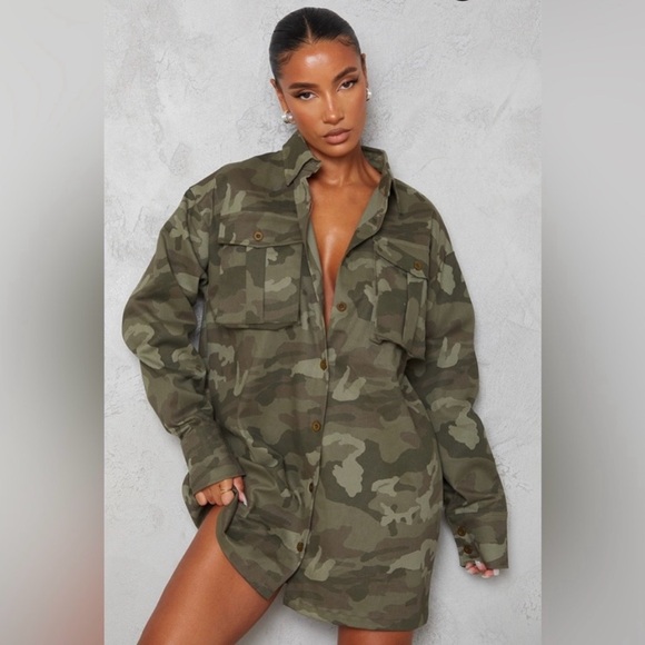 PrettyLittleThing Jackets & Blazers - Oversized Multi Pocket Camo Cargo Shirt Dress